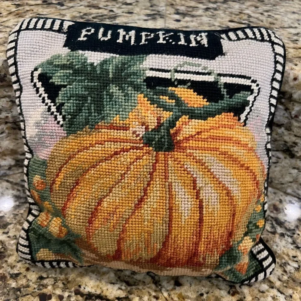 Needle point pumpkin accent pillow